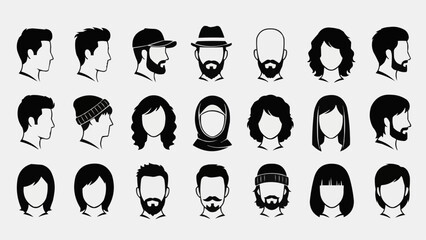 Collection of diverse human head silhouettes in various styles and accessories.