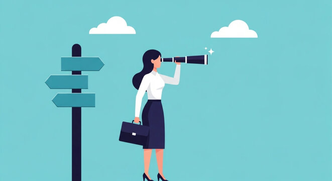 Businesswoman Using Telescope for Future Planning Near Directional Signpost in Minimalist Outdoor Setting Illustration