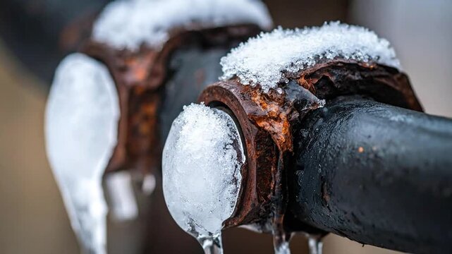 Frozen Pipe with Ice and Snow, Winter Weather Close-up