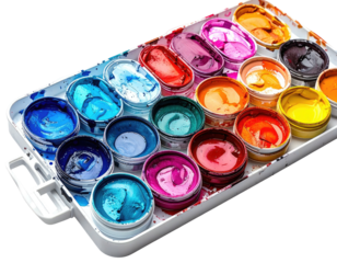 A close-up of a paint palette with vibrant, open paint pots