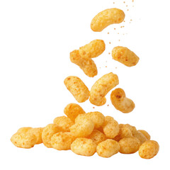 Cheese puff corn snack crunchy snack fast food junk food flying snack falling snack pile cheese flavor crispy texture cheese puff corn snack pile