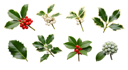 Holly leaves and berries on a png transparent