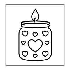 Line art candle in a jar with hearts and flame love