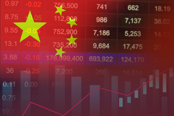 China flag on stock investment trading with coin and graph.