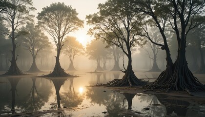 Misty sunrise over serene swamp landscape with cypress trees