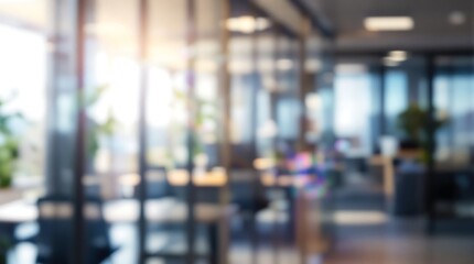 Modern office interior with blurred glass walls and plants
