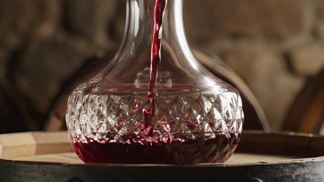 Red wine pours slowly into a crystal decanter