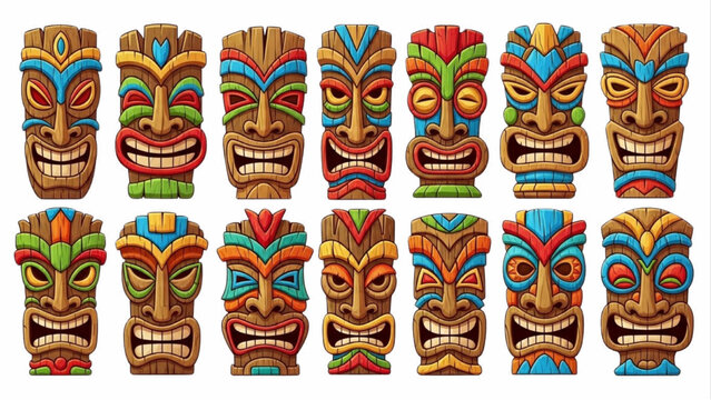 Assortment of carved wooden tiki masks featuring intricate designs and vibrant colors, evoking tropical and ancient cultural aesthetics