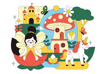 Magical Beautiful Flying Fairy Vector Illustration with Elf, Landscape, Tree, and Green Grass in a Flat Style Kids Cartoon Background