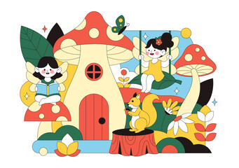 Magical Beautiful Flying Fairy Vector Illustration with Elf, Landscape, Tree, and Green Grass in a Flat Style Kids Cartoon Background