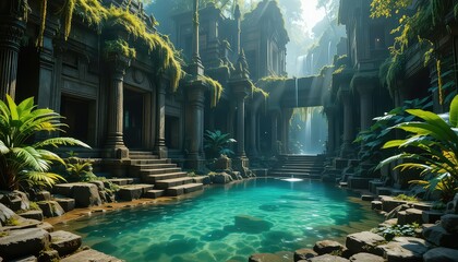Ancient temple pool with crystal clear water and lush greenery
