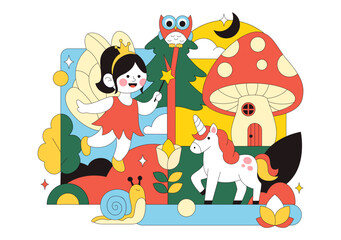 Magical Beautiful Flying Fairy Vector Illustration with Elf, Landscape, Tree, and Green Grass in a Flat Style Kids Cartoon Background