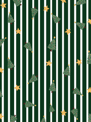Seamless Christmas pattern with green stripes, pine trees and gold stars.