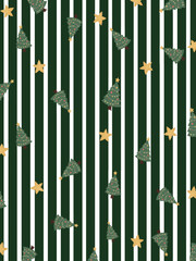 Seamless Christmas pattern with green stripes, pine trees and gold stars.