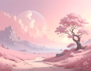 Dreamy pastel landscape with flowering tree, mountains and a huge moon