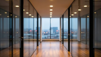 Fototapeta premium Modern office space with glass walls and wooden floor