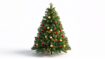 Classic Christmas Tree with Red and Gold Ornaments Isolated on White Background