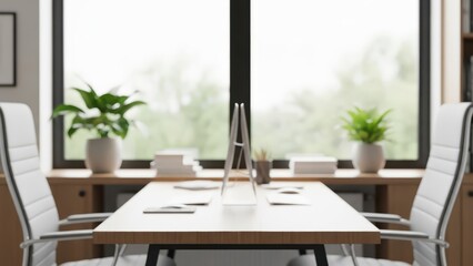 Modern office meeting room with wooden table and white chairs