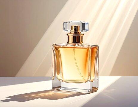 Elegant perfume bottle with a crystal stopper, bathed in sunlight