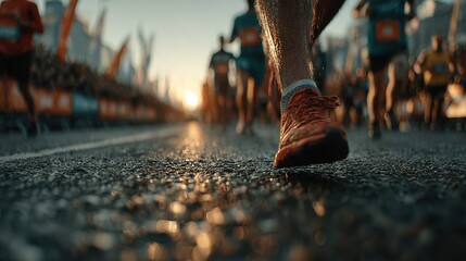 Dynamic close-up of people running in urban marathon, soft sunlight shadows on skin, blurred cityscape backdrop, high-res high-detail realistic cinematic scene for sports promotion and event posters.
