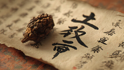 Dried chinese herb fruit on antique calligraphy scroll