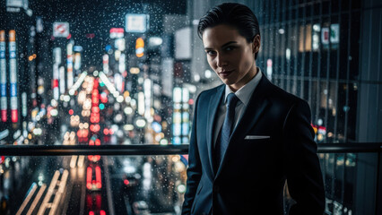 Fototapeta premium Serious businesswoman standing near window with rainy city lights.