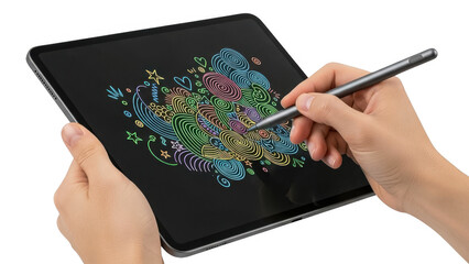 Hands holding tablet with colorful digital drawing on screen isolated on transparent background