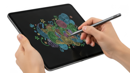 Hands holding tablet with colorful digital drawing on screen isolated on transparent background