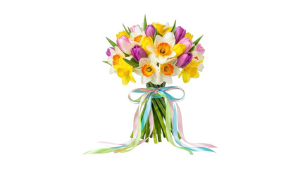 Vibrant bouquet of tulips with colorful ribbons tied around the stems isolated on transparent background