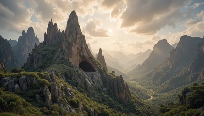 Dramatic mountain landscape with cave and winding road at sunrise
