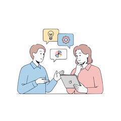 Two people discussing ideas and strategy using a tablet.