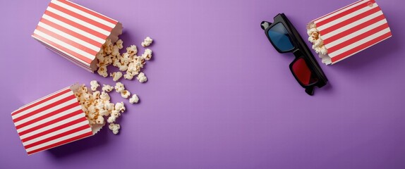 Obraz premium Popcorn and 3D Glasses on Purple Background.