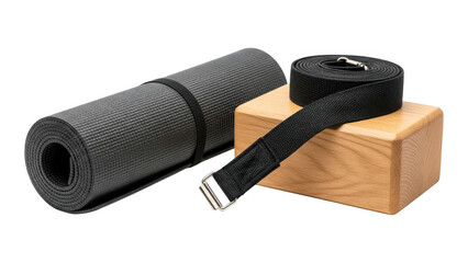Yoga mat and strap with wooden block on transparent background
