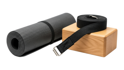 Yoga mat and strap with wooden block on transparent background