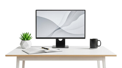 Modern home office workspace with computer and accessories on white table isolated on transparent background