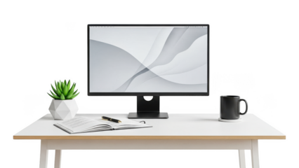 Modern home office workspace with computer and accessories on white table isolated on transparent background