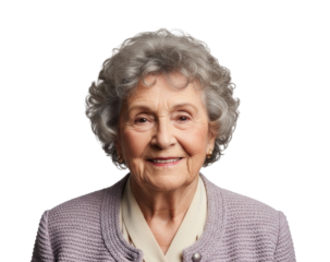 Portrait of a smiling elderly woman with gray curly hair transparent background cutout png