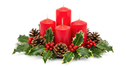 A Christmas candle arrangement with red candles and holly leaves on a png transparent