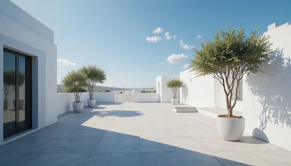 Modern white rooftop patio with potted trees and city view