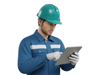 Engineer using tablet isolated on transparent background