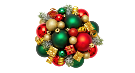 A colorful Christmas ornament arrangement with red, green, and gold baubles and pine branches on a png transparent