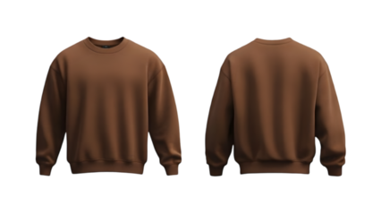 Brown crew neck sweatshirt isolated on transparent background front and back view