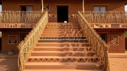 Outdoor wooden staircase with traditional architectural elements, showcasing cultural design, symmetry, and handcrafted construction.
