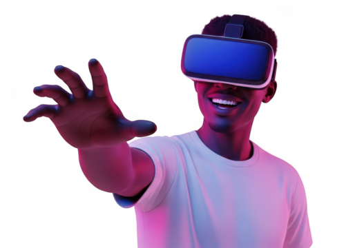 Man wearing vr headset and reaching out, isolated on transparent background - Powered by Adobe