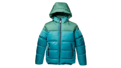 Teal blue puffer jacket with hood for kids isolated on transparent background