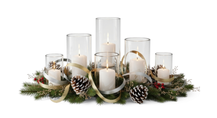 Christmas candle centerpiece with pine cones and ribbons.