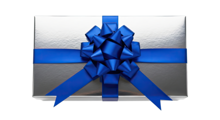 A silver gift box with a blue ribbon and bow on a png transparent