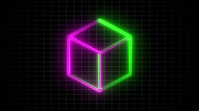 Abstract background, cube box with glowing neon lines on black background. Neon 3d square box stroke icon. tube, animated, 