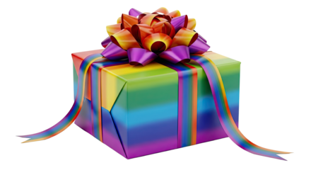 A colorful gift box with a rainbow ribbon and a decorative bow on a png transparent