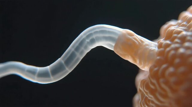 Side-profile macro shot of a sperm cell tail undulating in sinusoidal motion, detailed membrane texture, soft backlighting creating translucent edges